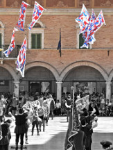 Gli sbandieratori in Piazza del Popolo.